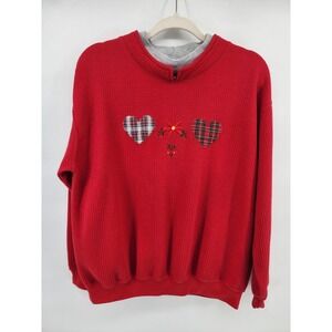 EB Sport Petites Red Waffle Knit‎ Heart Plaid Embroidered Sweatshirt Large P/L